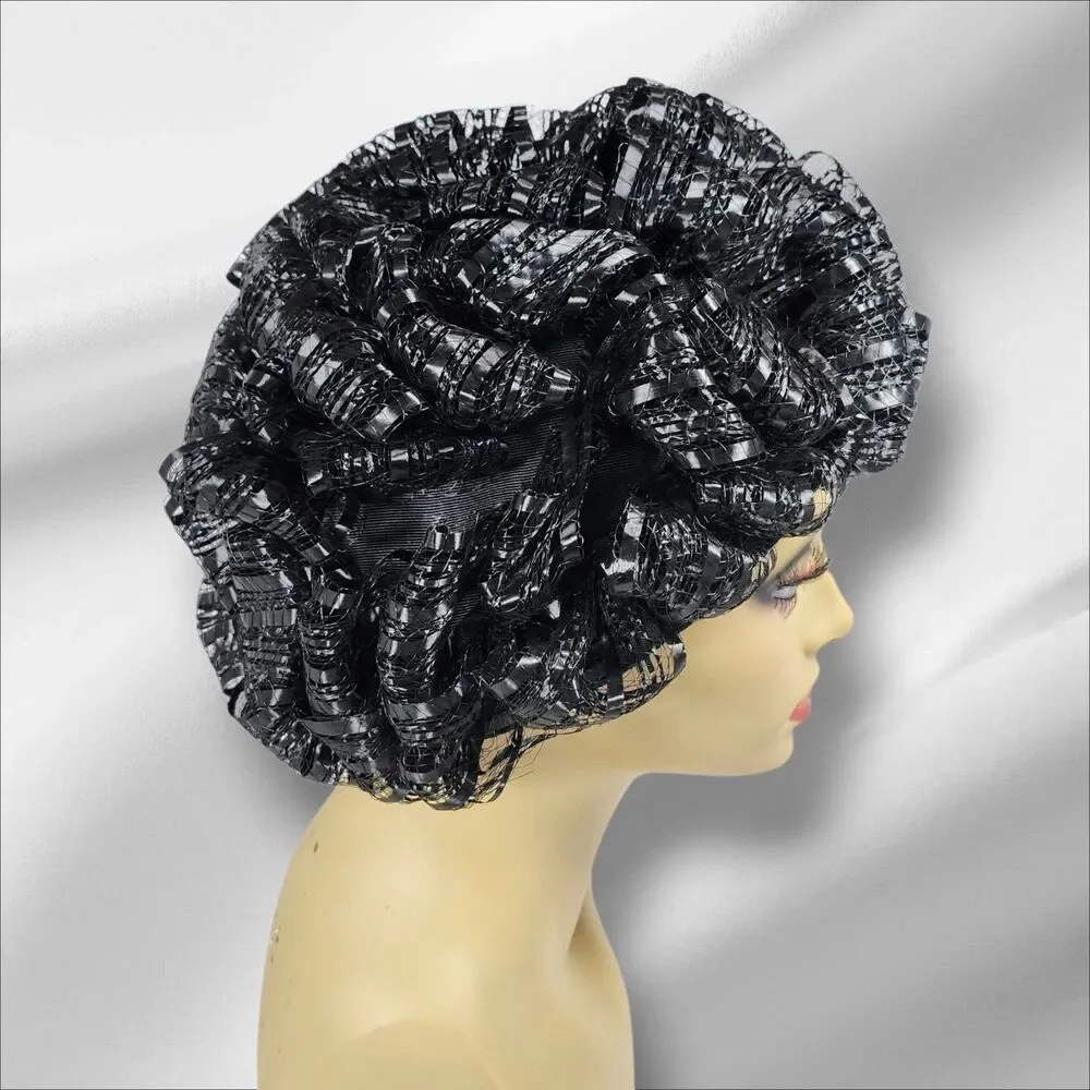 Vintage 1950s Carson Pirie Scott Black Cellophane Straw Bubble Toque Turban Hat
